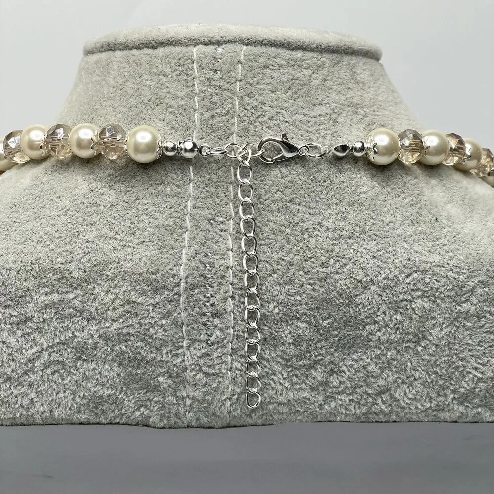 Artisan Blush Beige Pear Cut Glass Beaded Faux Pearl Necklace Earrings Set